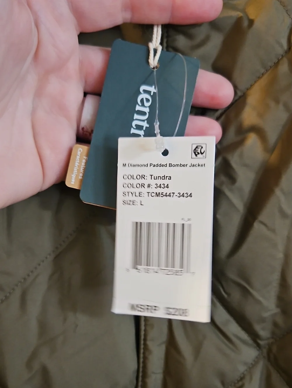 tentree Men’s Diamond Padded Bomber Jacket: GREEN: NEW WITH TAGS: SIZE L